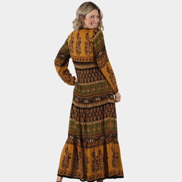 Nostalgia Printed Long Sleeve Maxi Dress NWT • Boho • Elastic Cuffs Gold Black - Picture 3 of 3